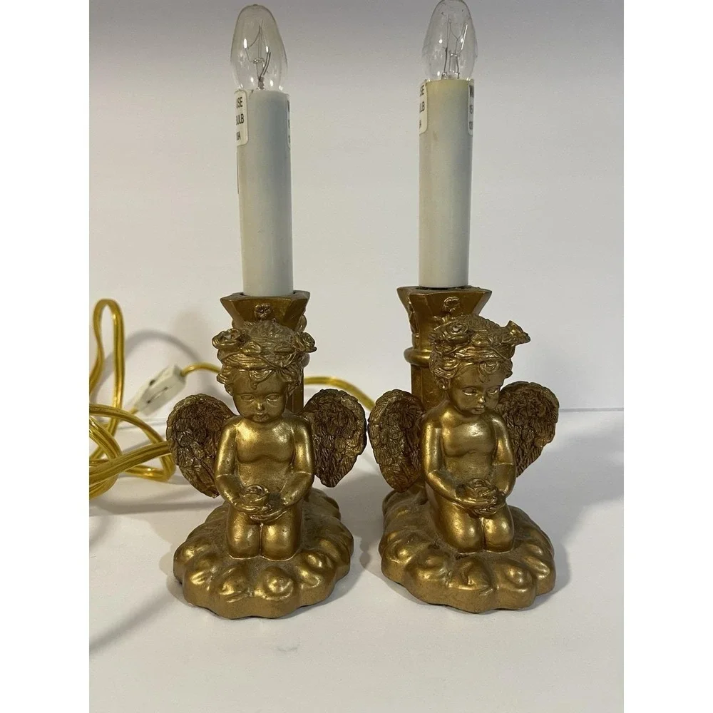 2 Vintage Angel Cherub Electric Candle Lamps Gold Tone Working